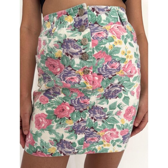 90s vintage pastel floral print high waist rise button up denim jean mini skirt - Picture 6 of 9
